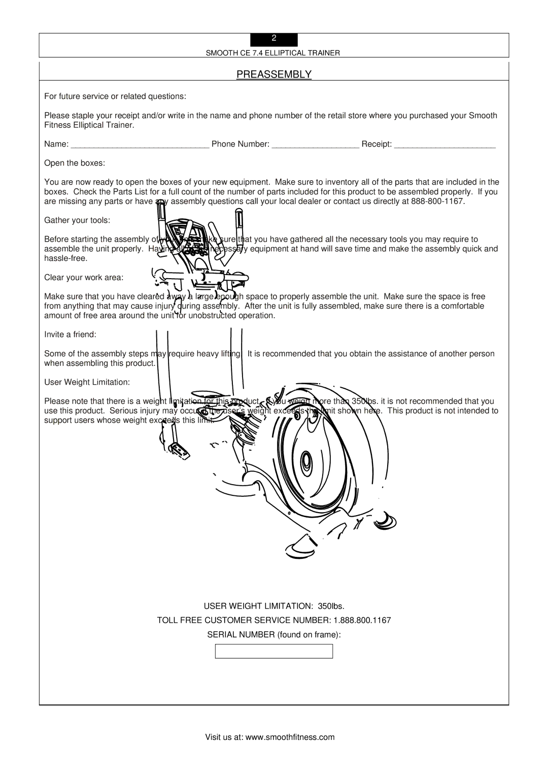 Smooth Fitness CE 7.4 user manual Preassembly 