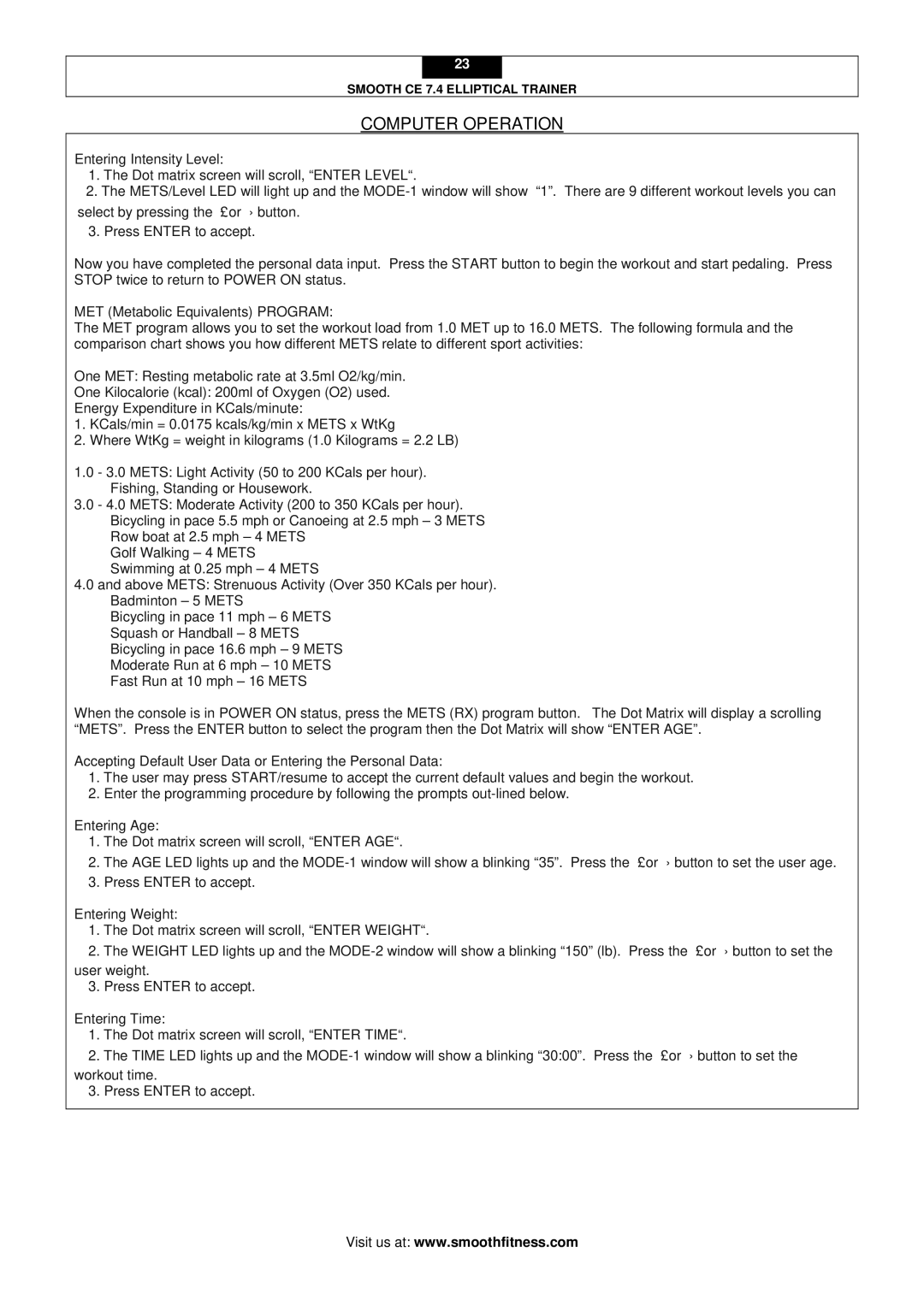 Smooth Fitness CE 7.4 user manual Computer Operation 