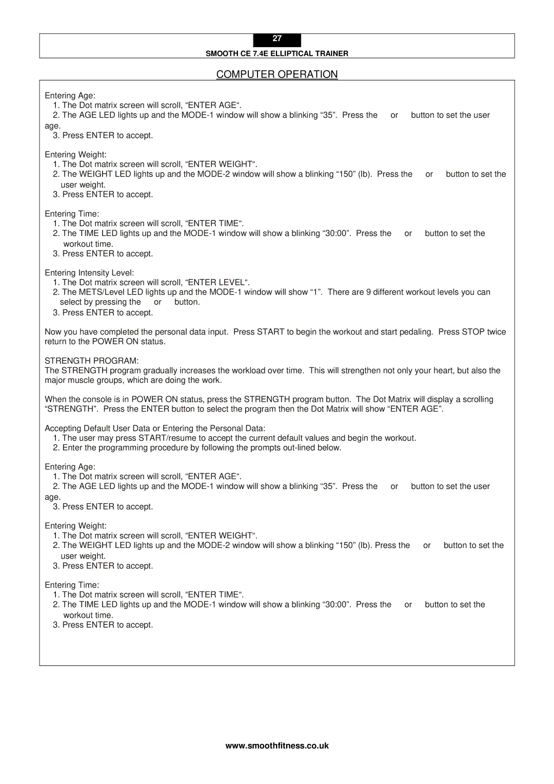 Smooth Fitness CE 7.4E user manual Strength Program 