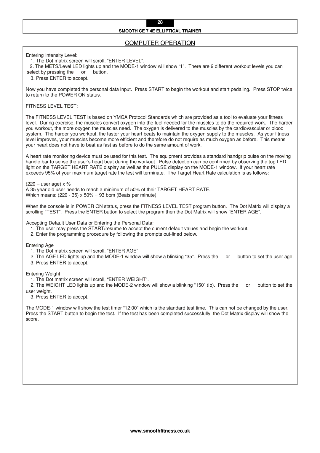 Smooth Fitness CE 7.4E user manual Fitness Level Test 