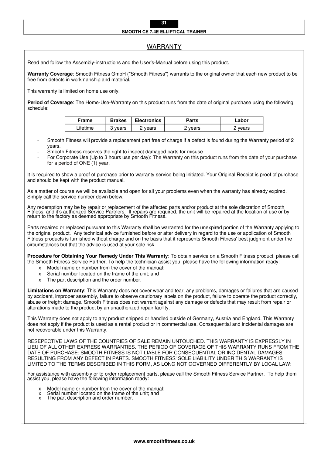 Smooth Fitness CE 7.4E user manual Warranty, Years Labor 