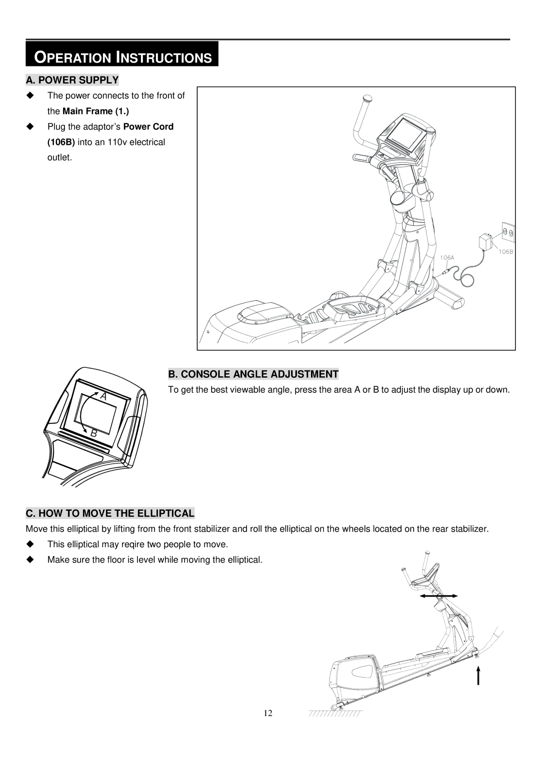 Smooth Fitness CE-8.0LC owner manual Operation Instructions, Power Supply 