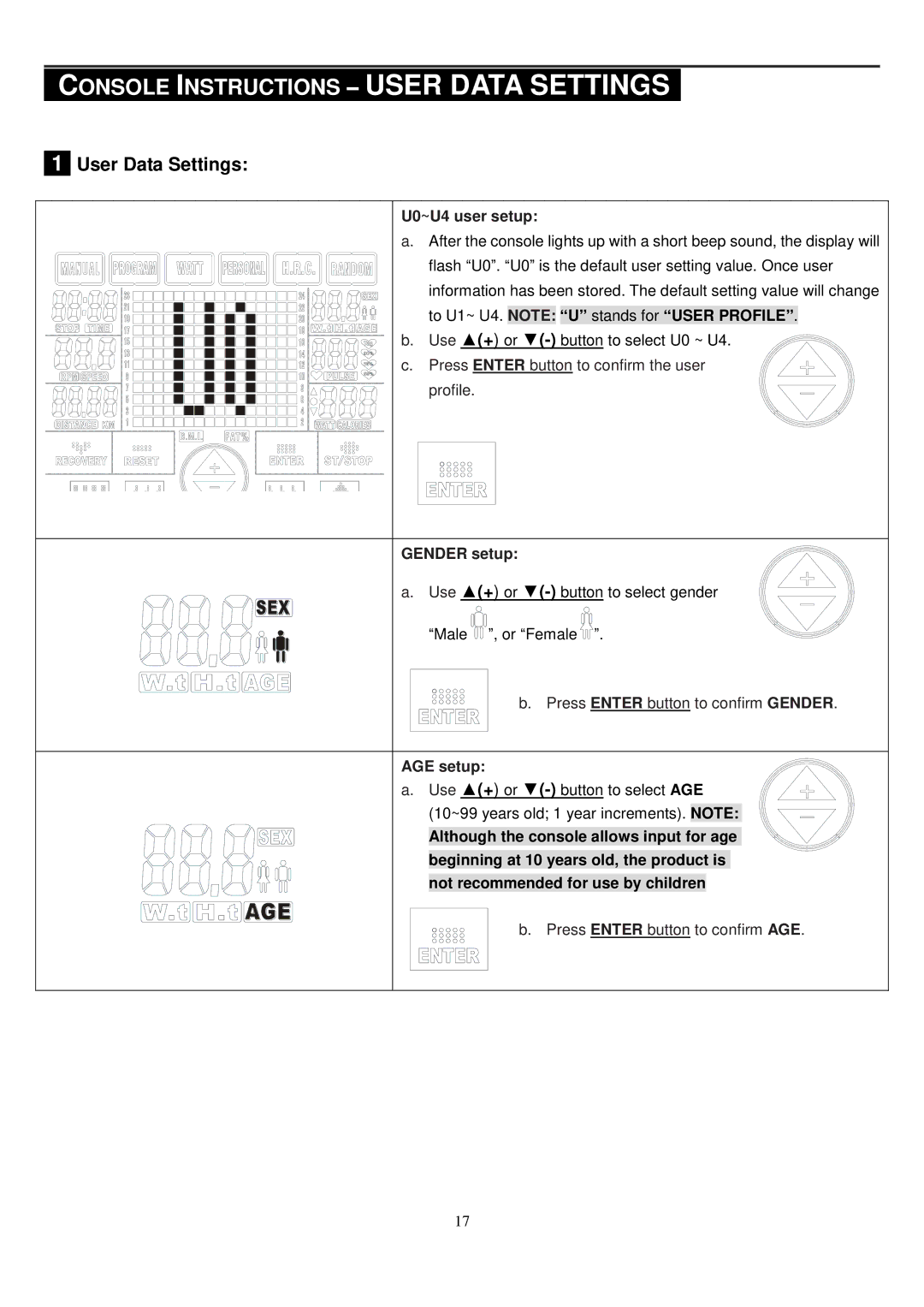 Smooth Fitness CE-8.0LC owner manual Console Instructions User Data Settings, Profile, Press Enter button to confirm Gender 