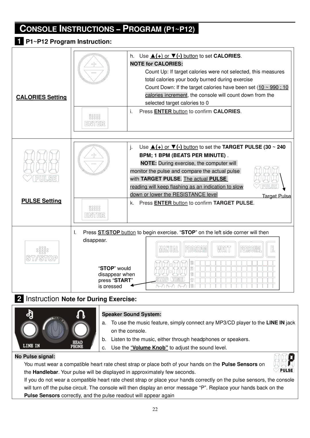 Smooth Fitness CE-8.0LC Console Instructions Program P1~P12, P1~P12 Program Instruction, BPM 1 BPM Beats PER Minute 