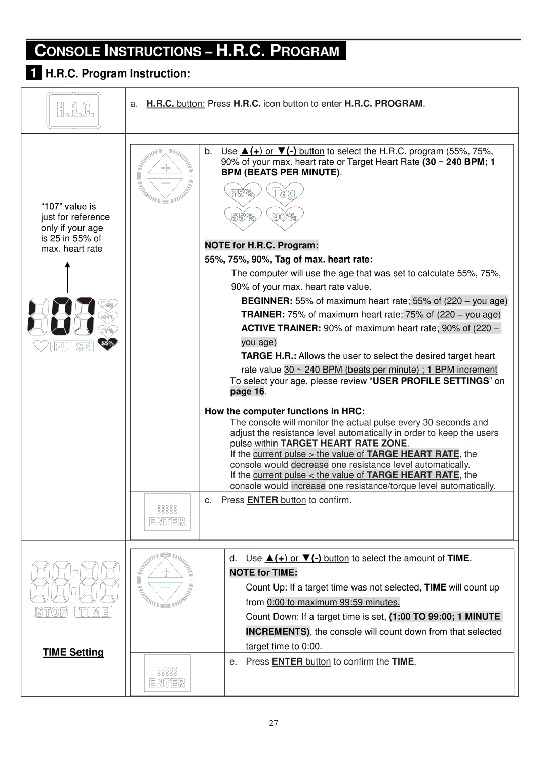 Smooth Fitness CE-8.0LC owner manual Console Instructions H.R.C. Program, R.C. Program Instruction, BPM Beats PER Minute 