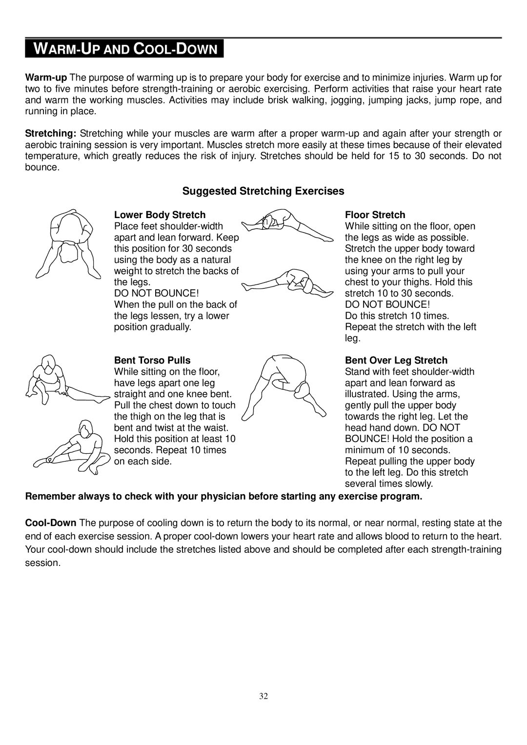 Smooth Fitness CE-8.0LC owner manual WARM-UP and COOL-DOWN, Suggested Stretching Exercises 