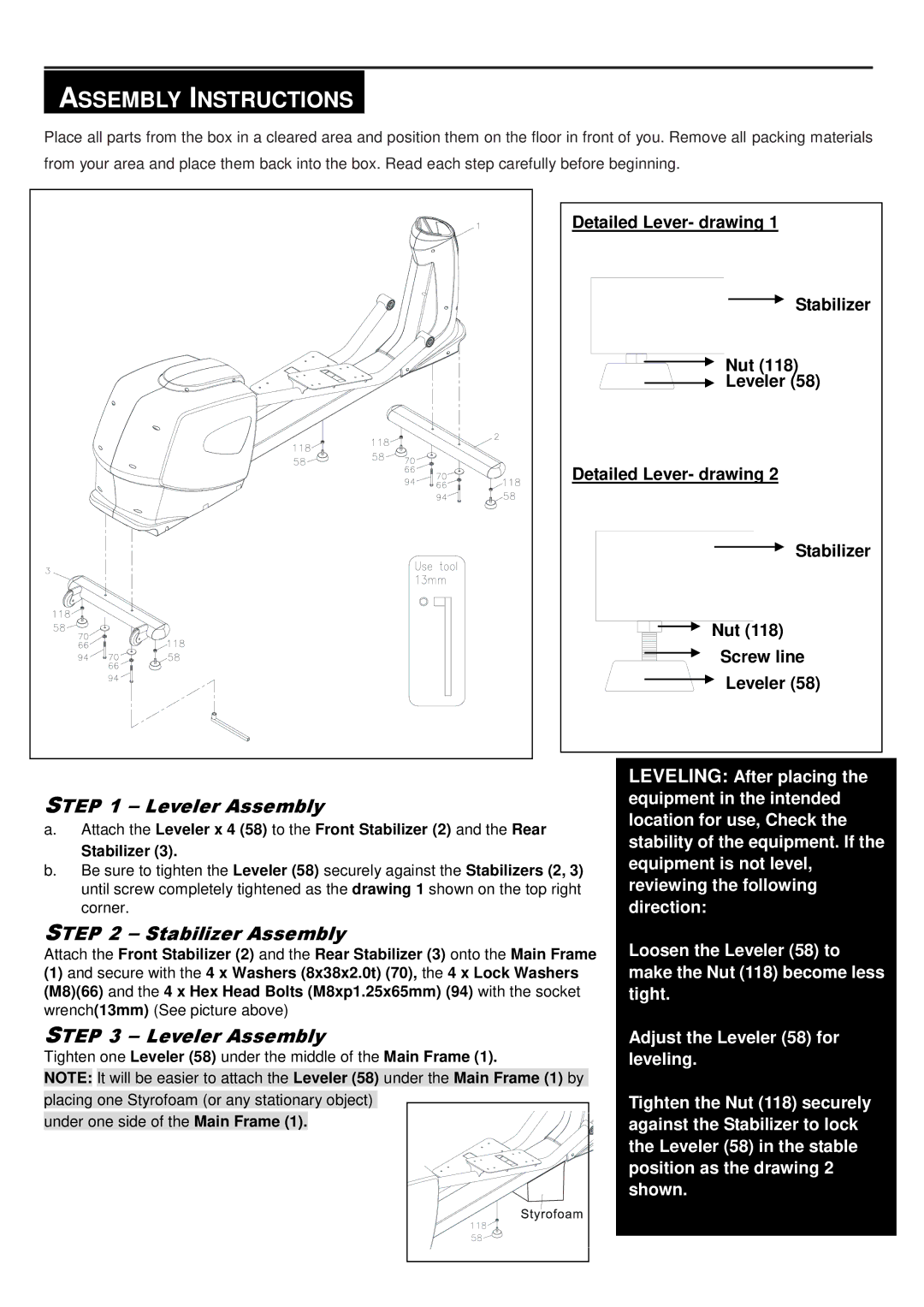 Smooth Fitness CE-8.0LC owner manual Assembly Instructions, Leveler Assembly, Stabilizer Assembly 