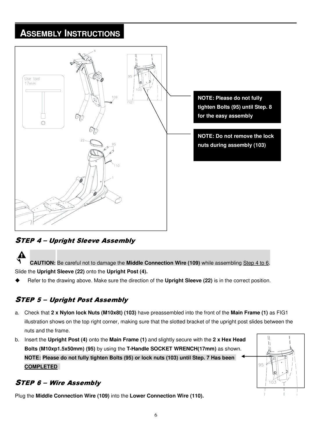 Smooth Fitness CE-8.0LC owner manual Upright Sleeve Assembly, Upright Post Assembly, Wire Assembly, Completed 