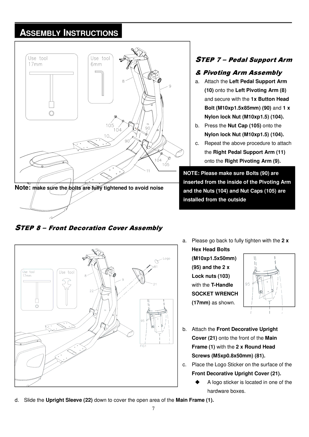 Smooth Fitness CE-8.0LC owner manual Right Pedal Support Arm 11 onto the Right Pivoting Arm, Socket Wrench 