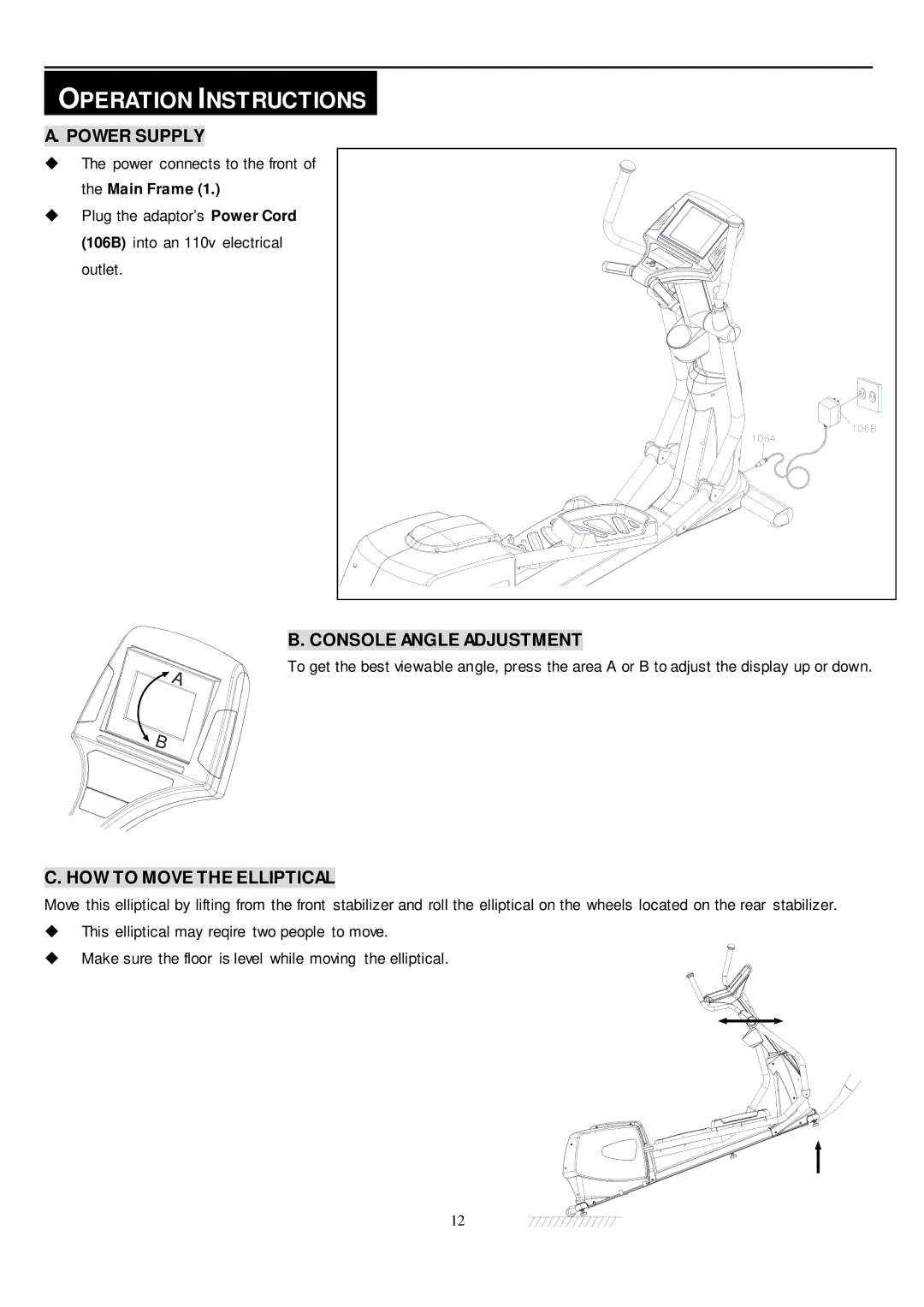 Smooth Fitness CE-8.0LC owner manual Operation Instructions, Power Supply 