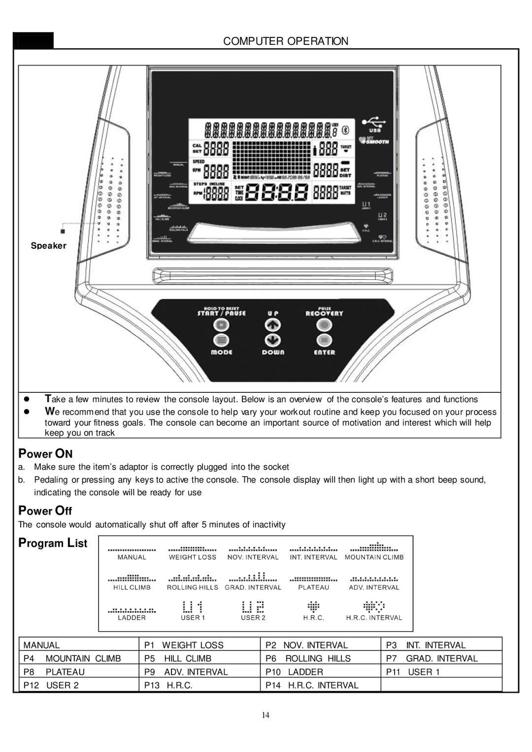 Smooth Fitness CE-8.0LC owner manual Power on, Power Off, Program List, Speaker 