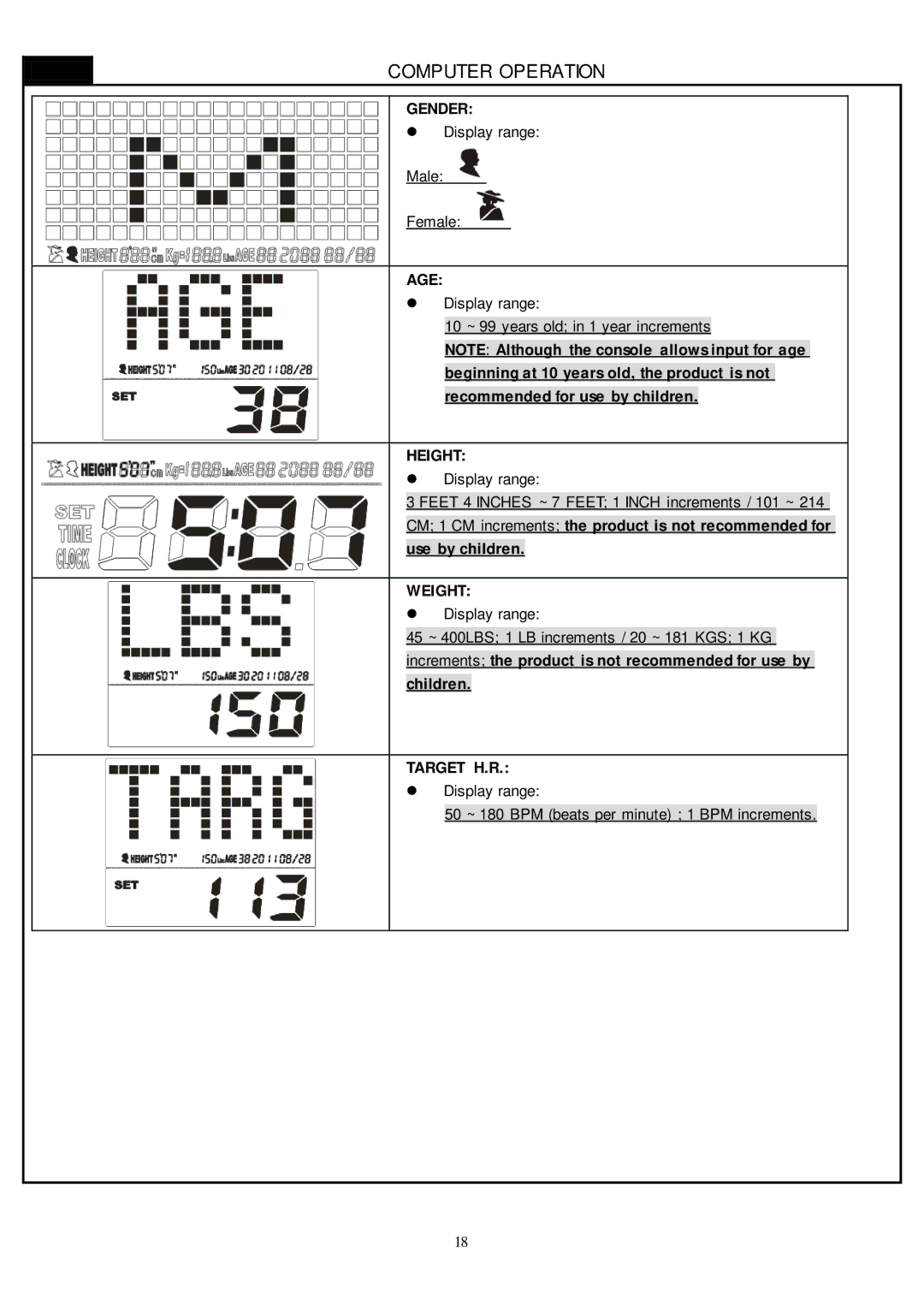 Smooth Fitness CE-8.0LC owner manual Gender, Age, Height, Weight, Target H.R 