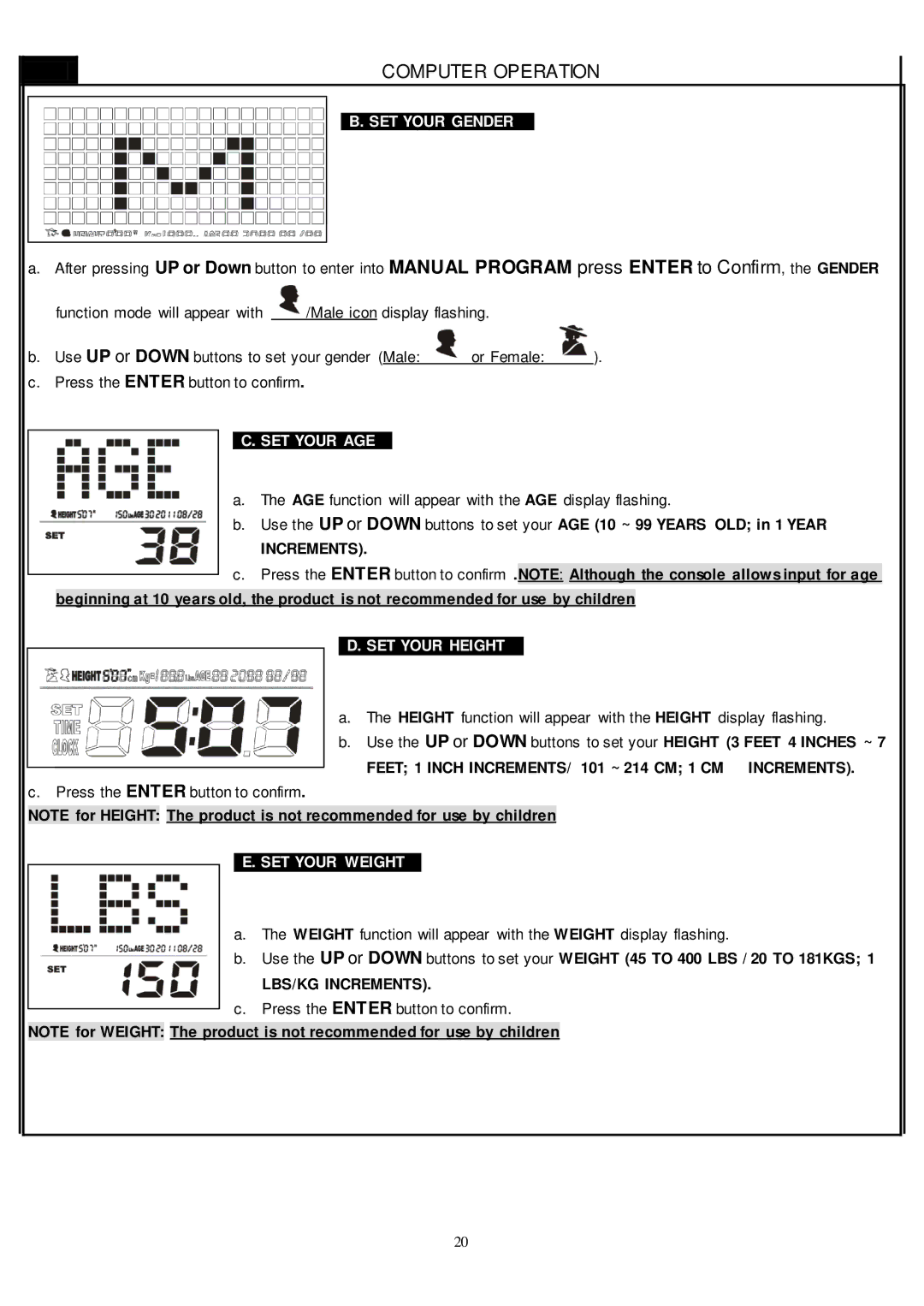 Smooth Fitness CE-8.0LC owner manual SET Your Gender, SET Your AGE, SET Your Height, SET Your Weight 