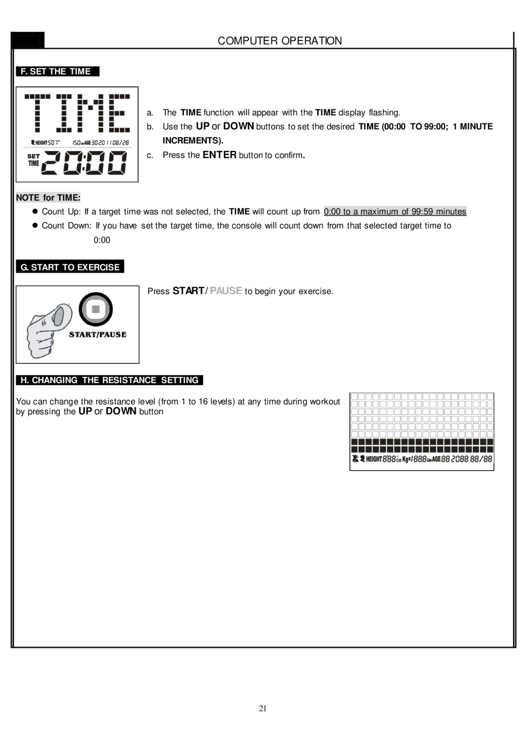 Smooth Fitness CE-8.0LC owner manual SET the Time, Start to Exercise, Changing the Resistance Setting 