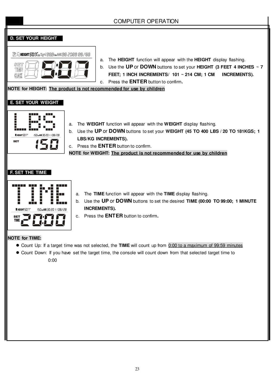 Smooth Fitness CE-8.0LC owner manual SET Your Height 