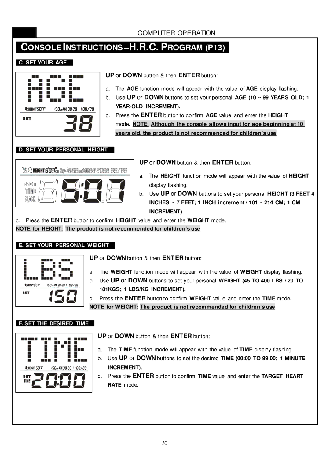 Smooth Fitness CE-8.0LC Console Instructions -H.R.C. Program P13, SET Your Personal Height, SET Your Personal Weight 