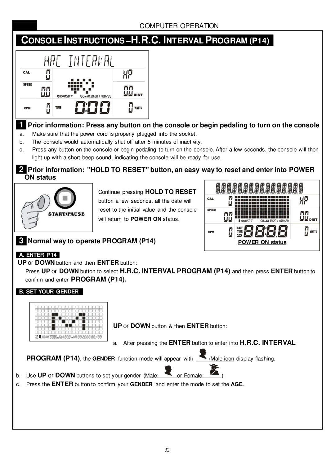 Smooth Fitness CE-8.0LC Console Instructions -H.R.C. Interval Program P14, Normal way to operate Program P14, Enter P14 