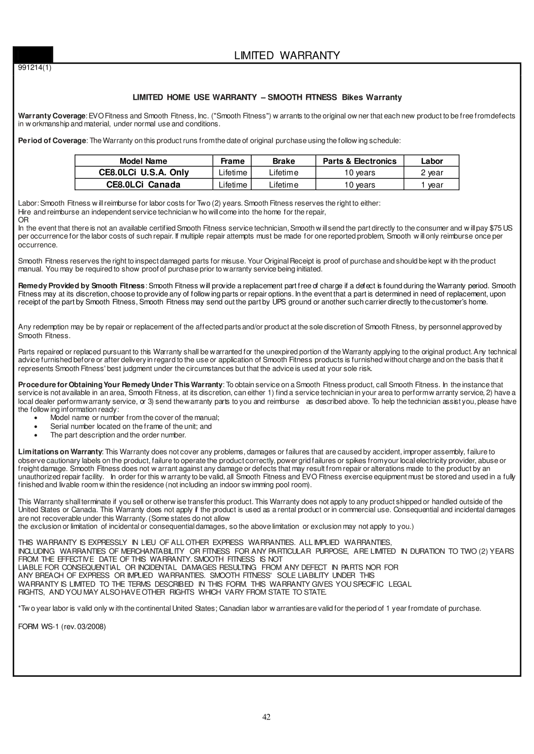 Smooth Fitness CE-8.0LC owner manual CE8.0LCi U.S.A. Only, CE8.0LCi Canada 