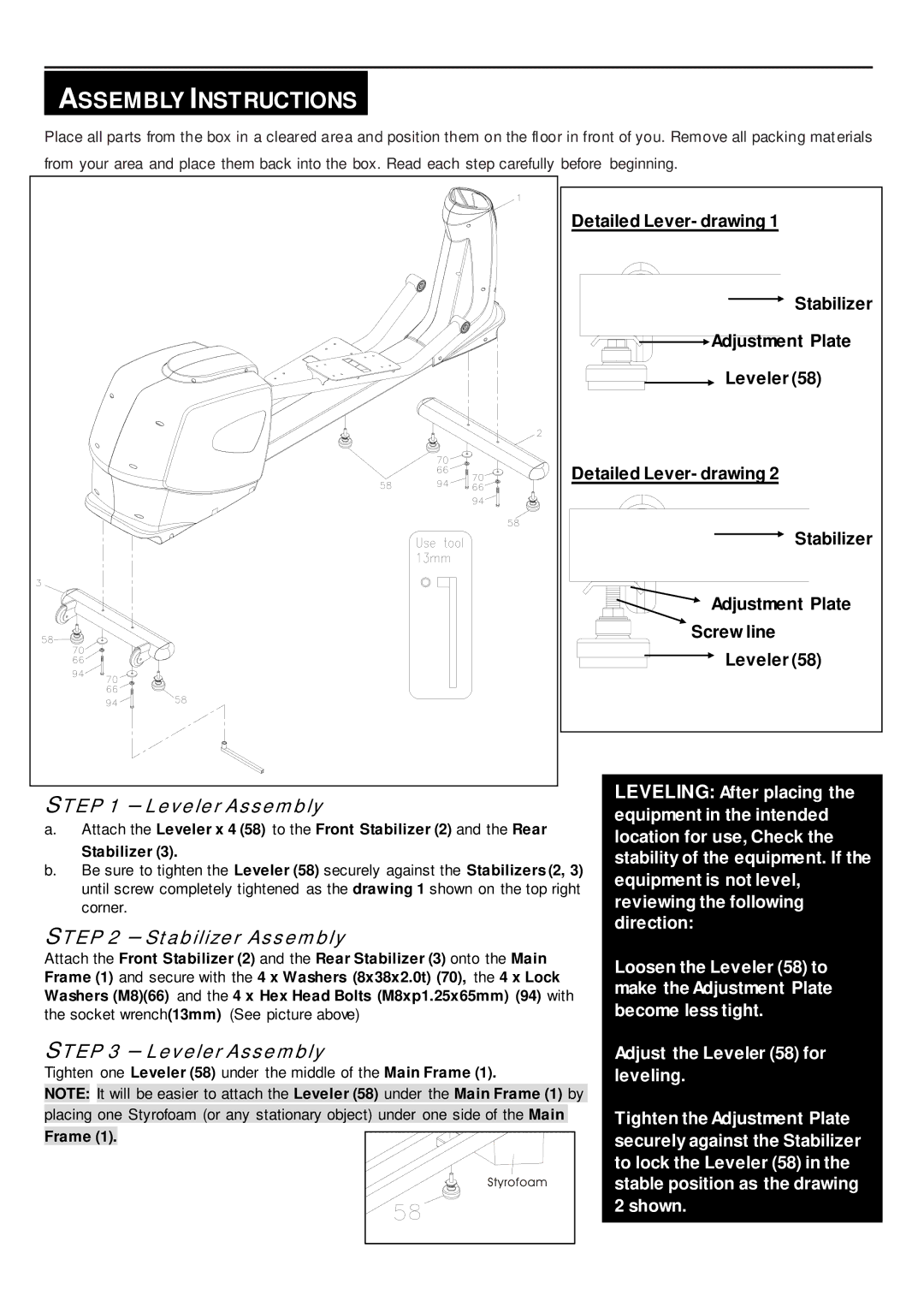 Smooth Fitness CE-8.0LC owner manual Assembly Instructions, Leveler Assembly, Stabilizer Assembly, Frame 