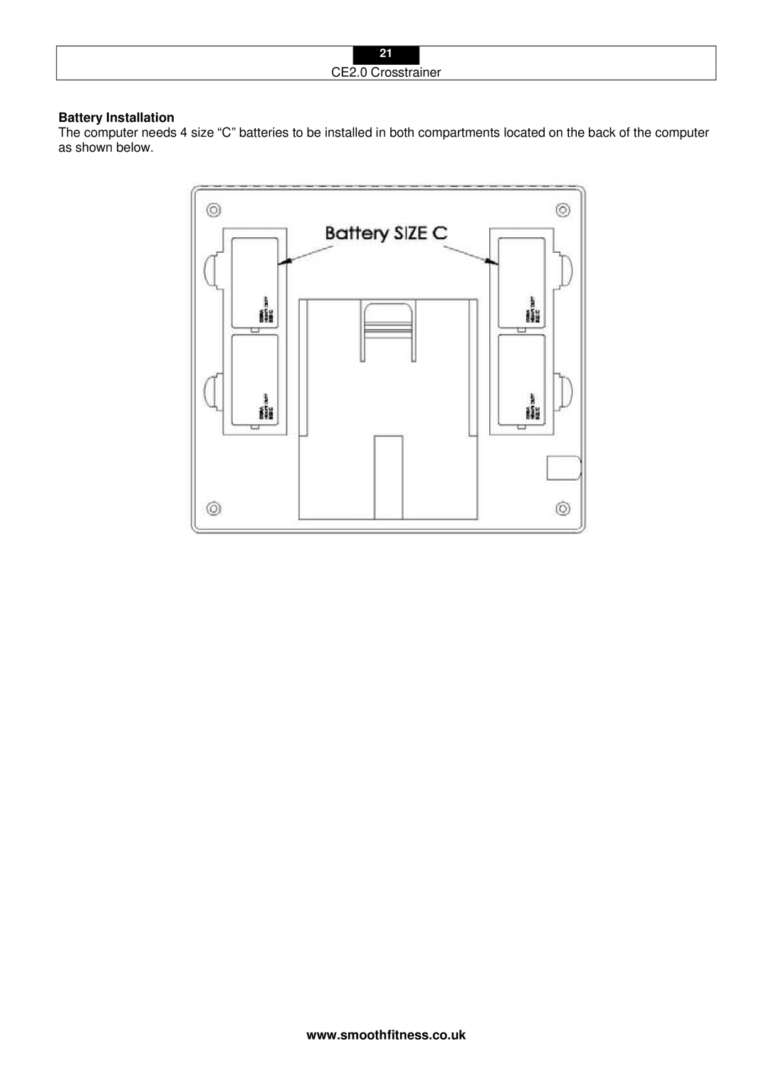 Smooth Fitness CE2.0 user manual Battery Installation 