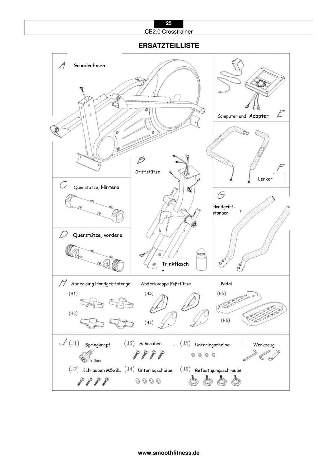 Smooth Fitness CE2.0 user manual Ersatzteilliste, Querstütze, vordere Trinkflasch e 