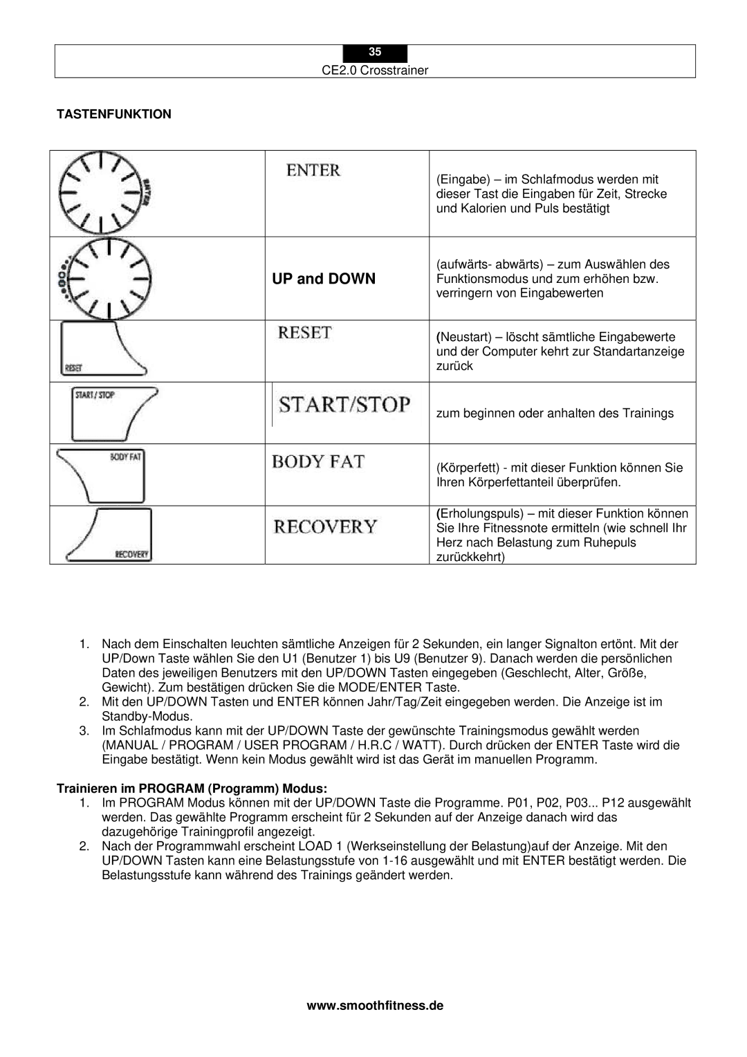 Smooth Fitness CE2.0 user manual UP and Down, Trainieren im Program Programm Modus 