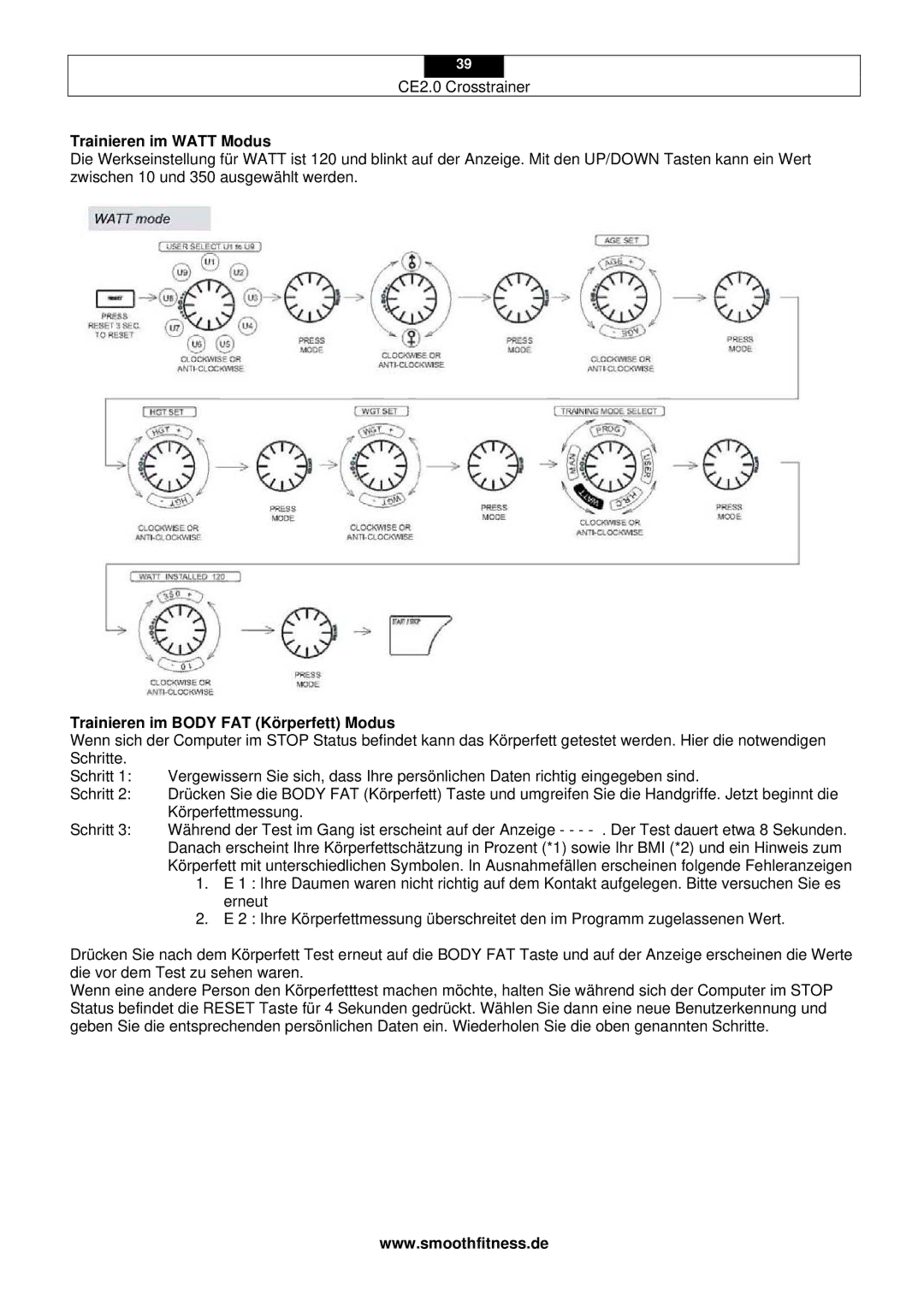 Smooth Fitness CE2.0 user manual Trainieren im Watt Modus, Trainieren im Body FAT Körperfett Modus 