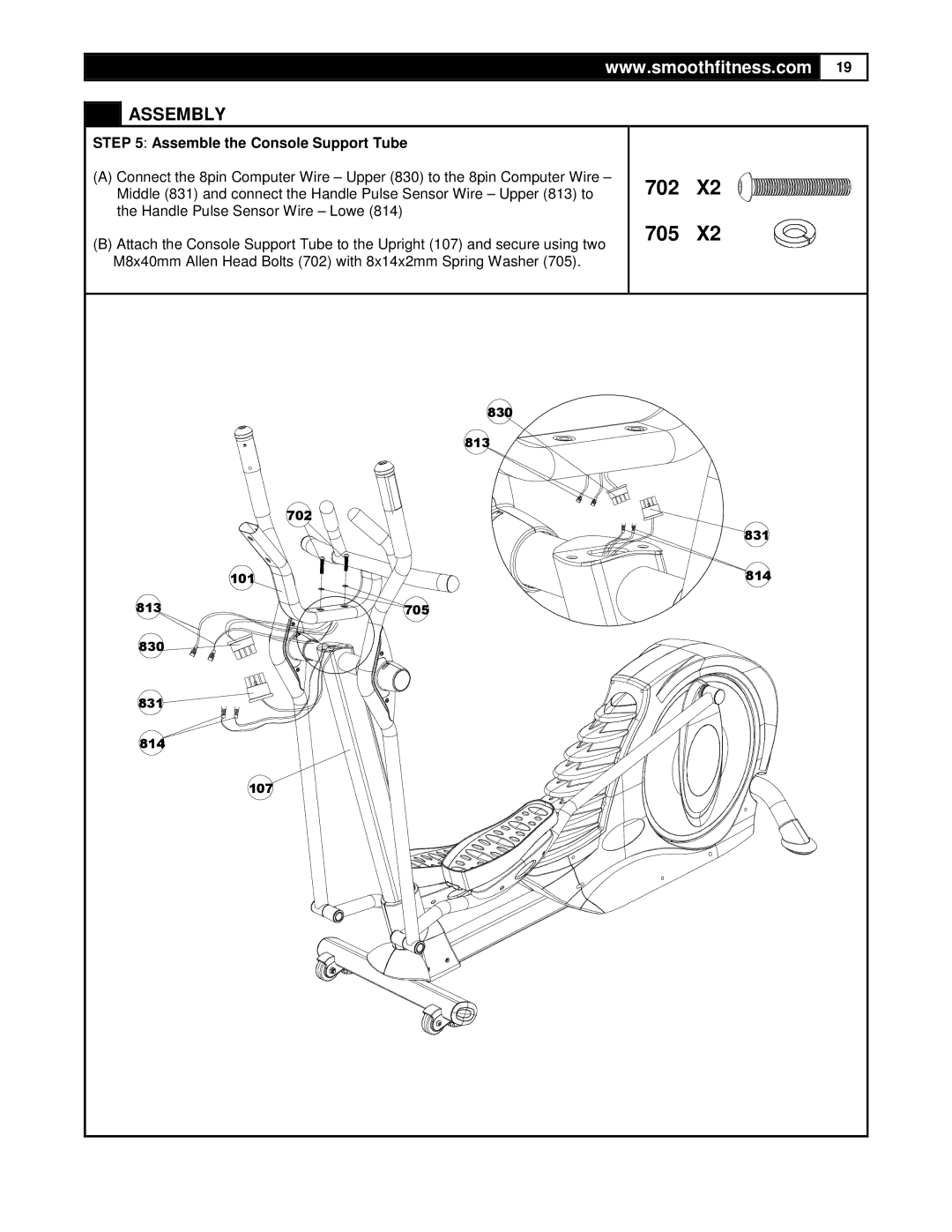 Smooth Fitness CE7.4 user manual 702 705, Assemble the Console Support Tube 