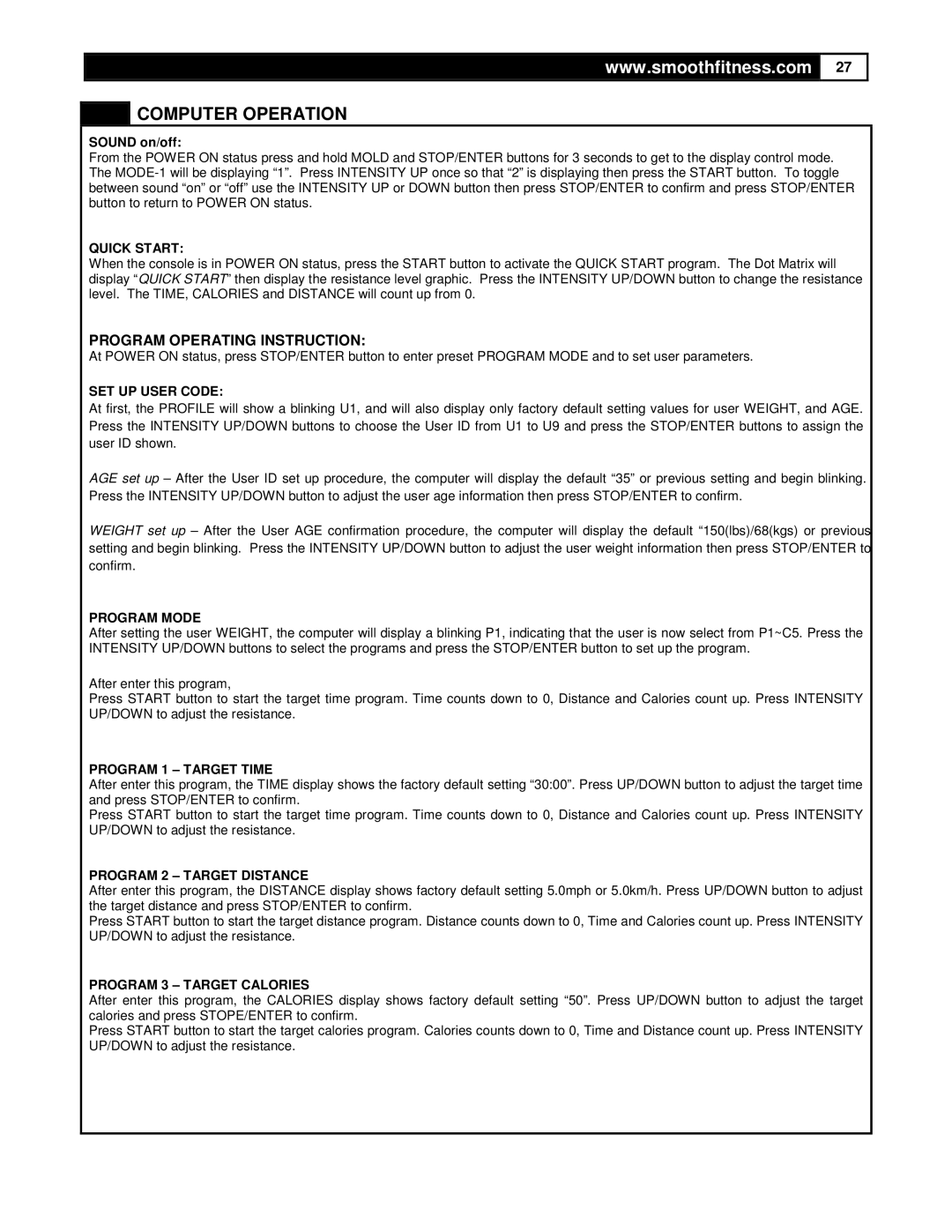 Smooth Fitness CE7.4 user manual Program Operating Instruction 