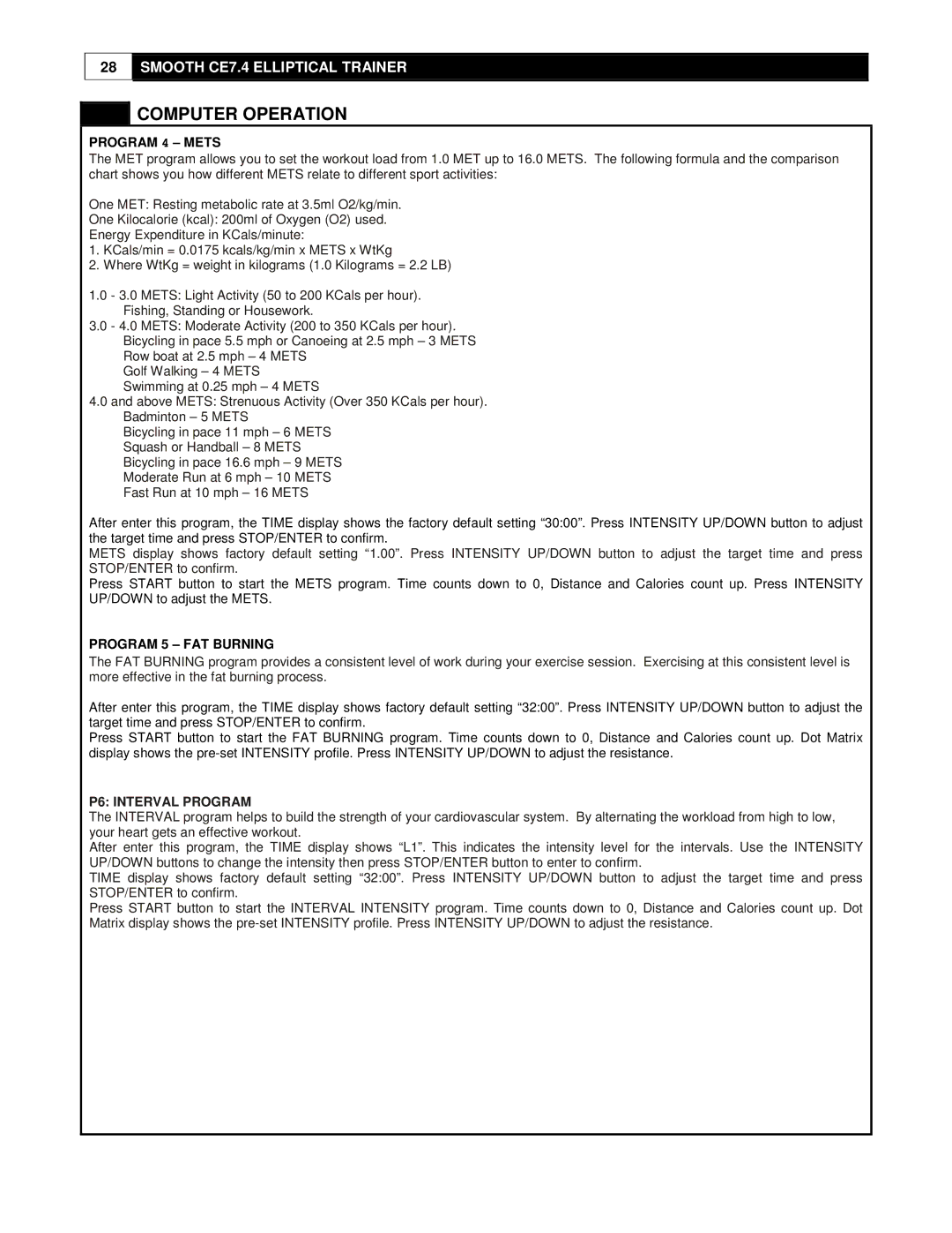 Smooth Fitness CE7.4 user manual P6 Interval Program 