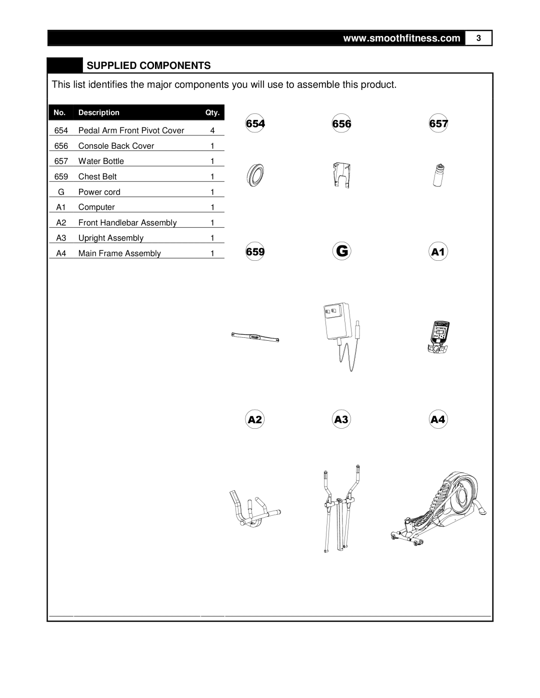 Smooth Fitness CE7.4 user manual Supplied Components, 654 656 657 