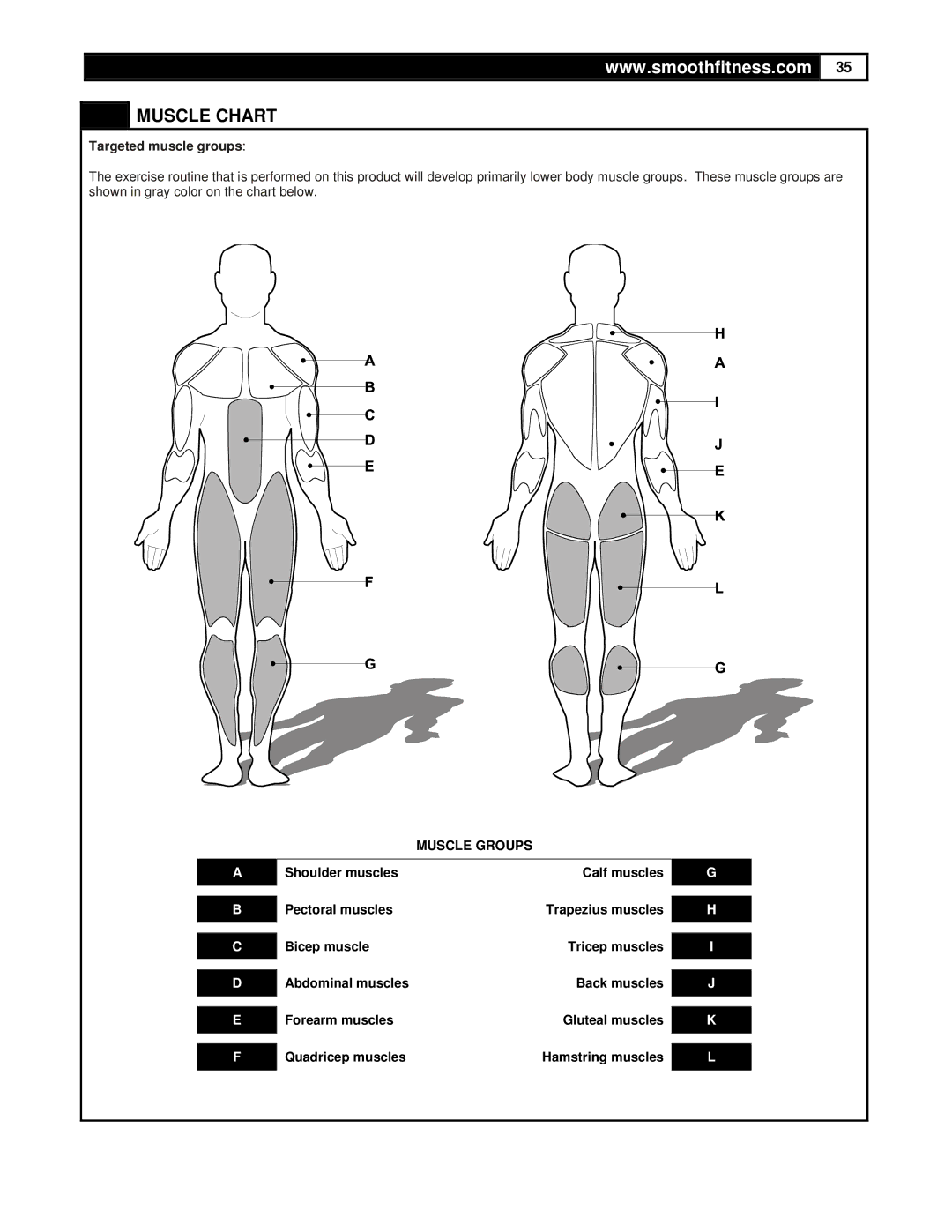 Smooth Fitness CE7.4 user manual Muscle Chart, Targeted muscle groups 