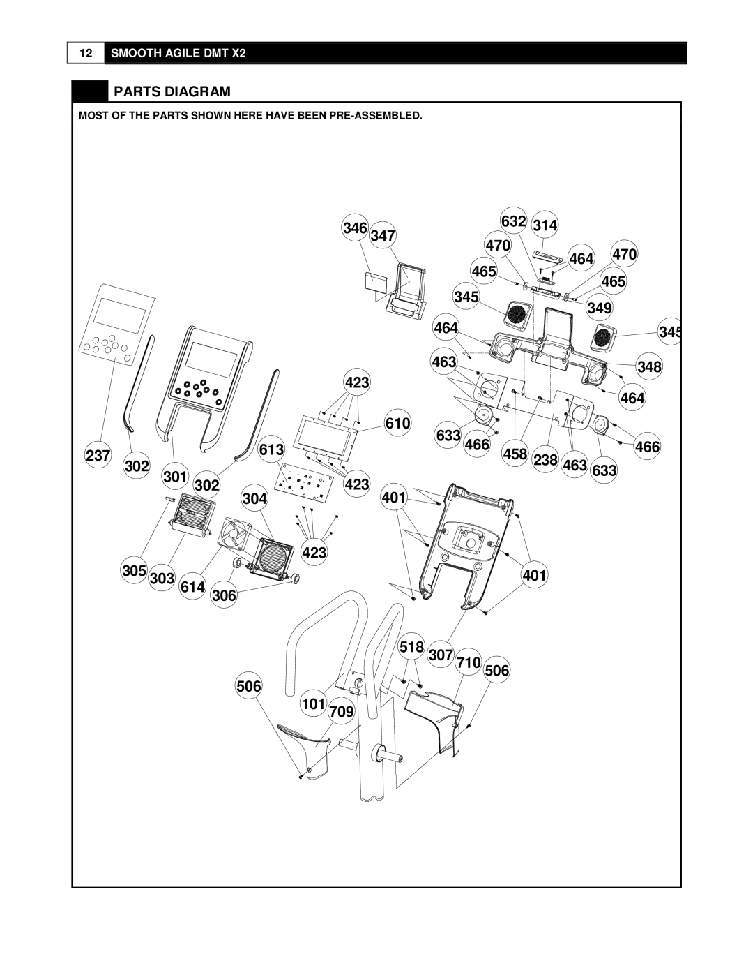 Smooth Fitness DMT X2 user manual Parts Diagram, Most of the Parts Shown Here have Been PRE-ASSEMBLED 