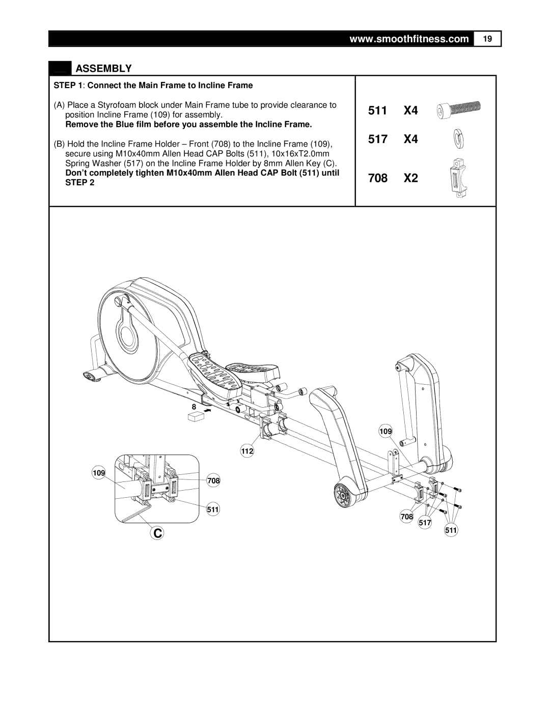 Smooth Fitness DMT X2 user manual 511 517 708, Connect the Main Frame to Incline Frame 