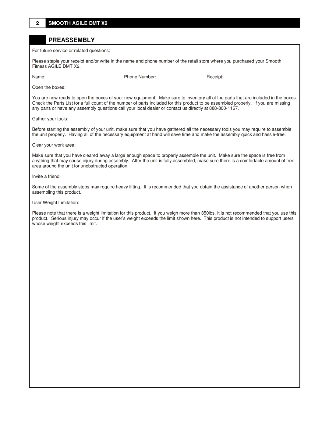 Smooth Fitness DMT X2 user manual Preassembly 