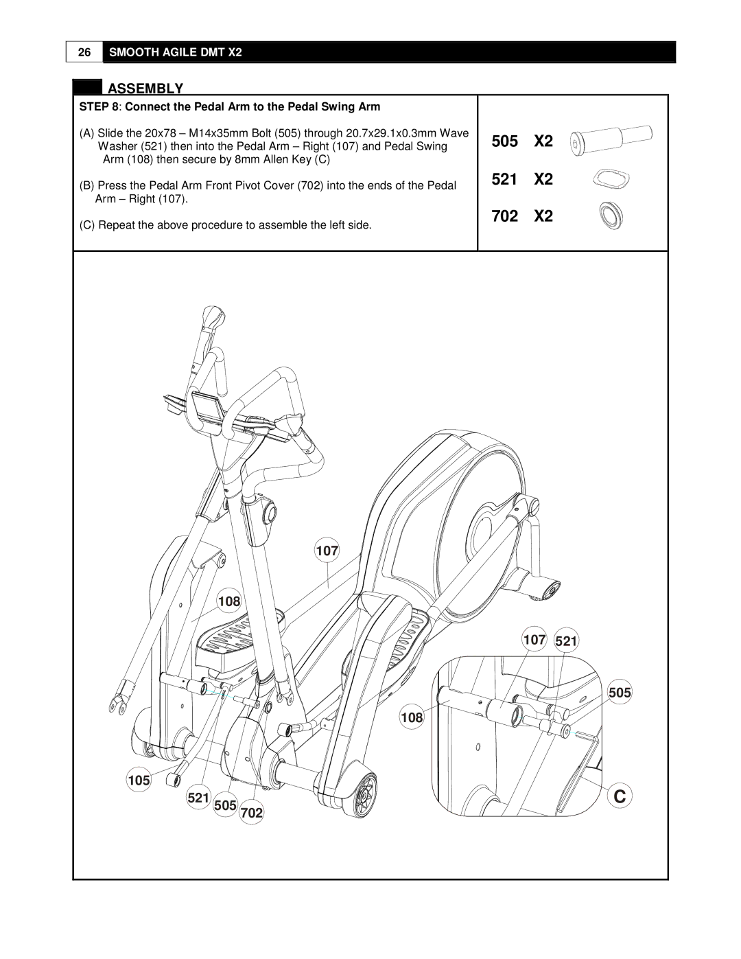 Smooth Fitness DMT X2 user manual 505 521 702, Connect the Pedal Arm to the Pedal Swing Arm 