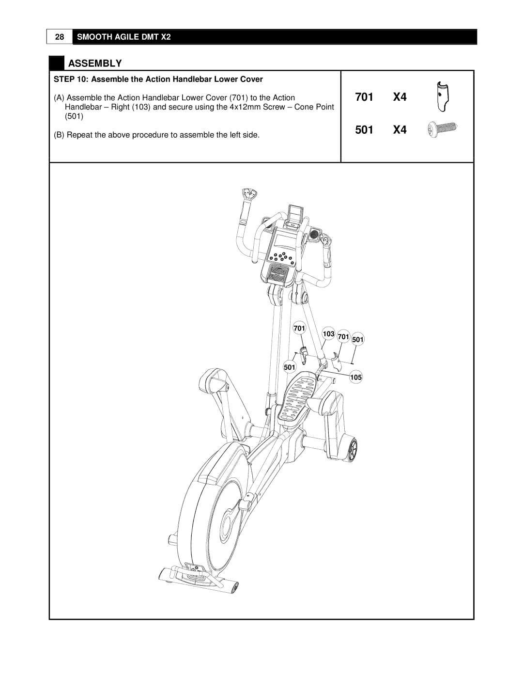 Smooth Fitness DMT X2 user manual 701 501, Assemble the Action Handlebar Lower Cover 