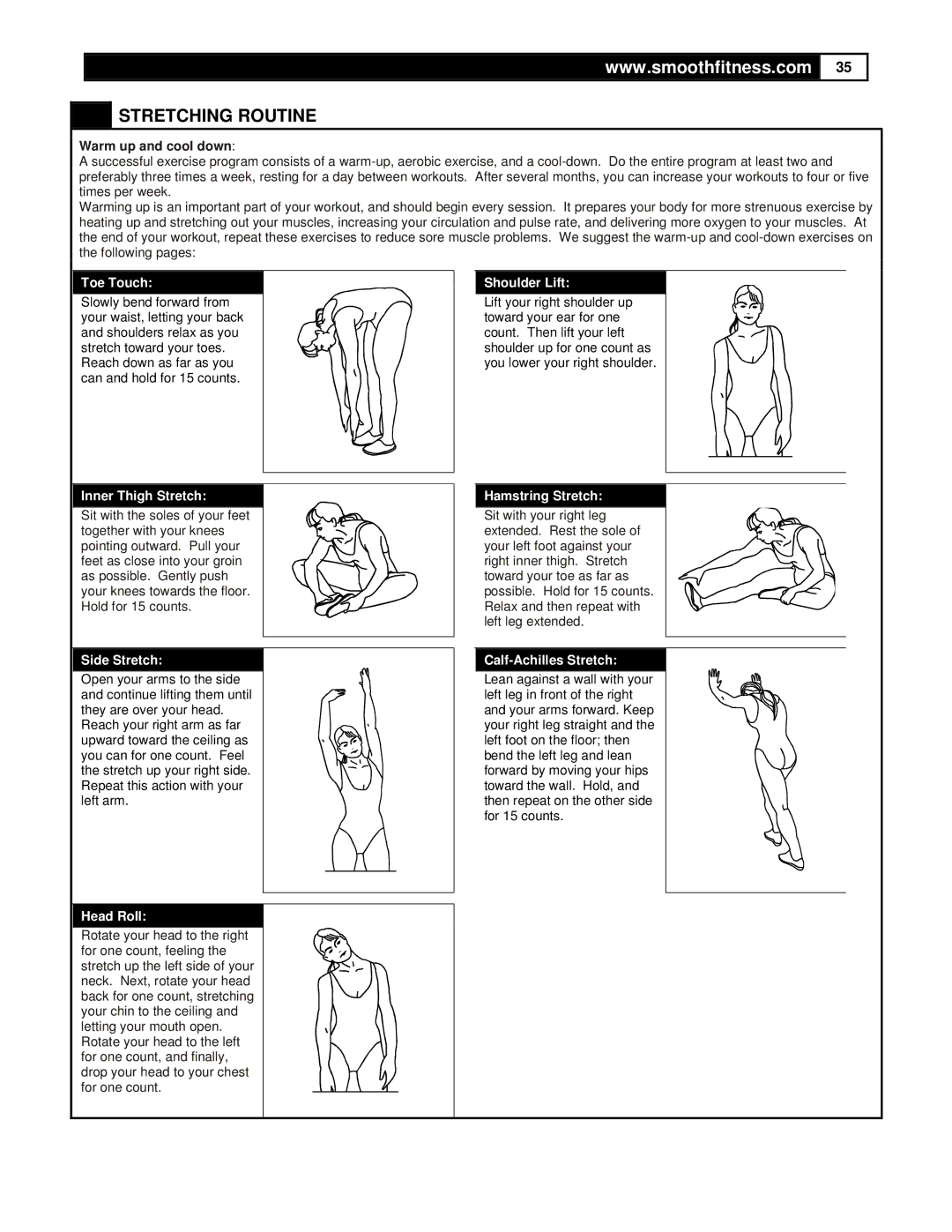 Smooth Fitness DMT X2 user manual Stretching Routine, Warm up and cool down 