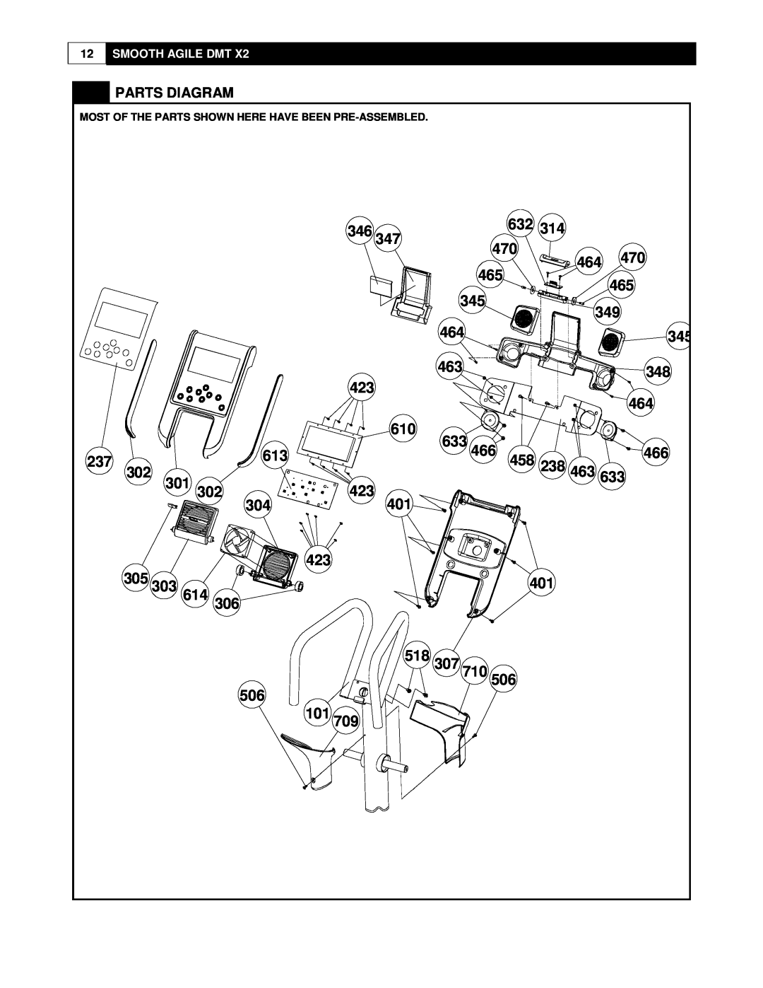 Smooth Fitness DMT X2 user manual Parts Diagram, Most Of The Parts Shown Here Have Been Pre-Assembled 