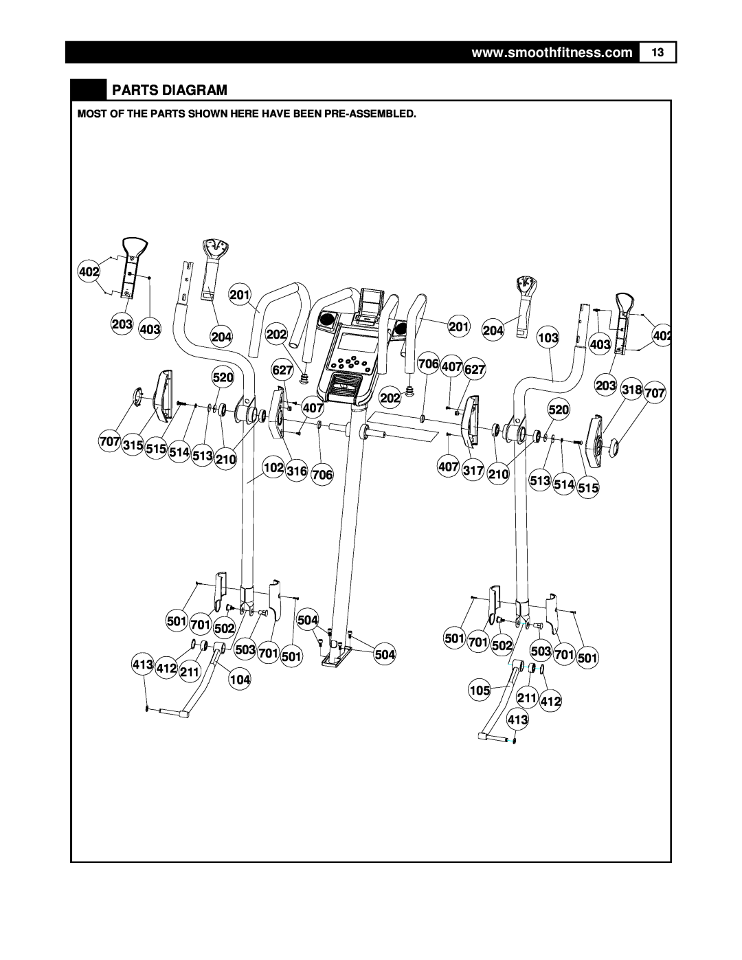 Smooth Fitness DMT X2 user manual Parts Diagram, Most Of The Parts Shown Here Have Been Pre-Assembled 