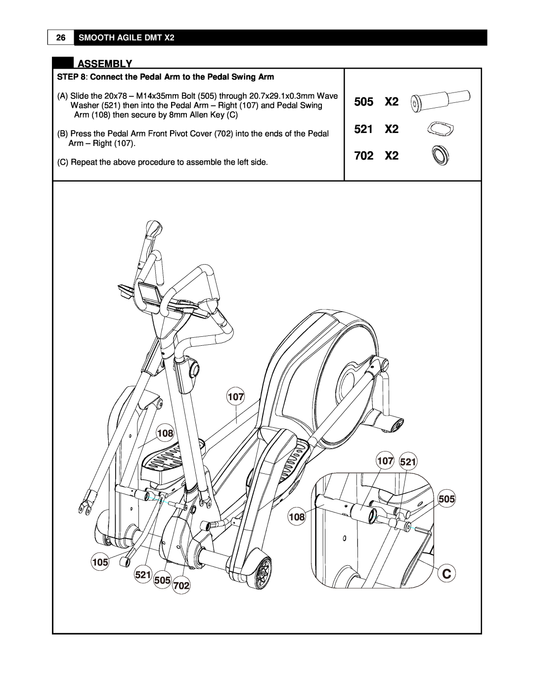 Smooth Fitness DMT X2 user manual 505 521 702, Assembly, Smooth Agile Dmt, Connect the Pedal Arm to the Pedal Swing Arm 