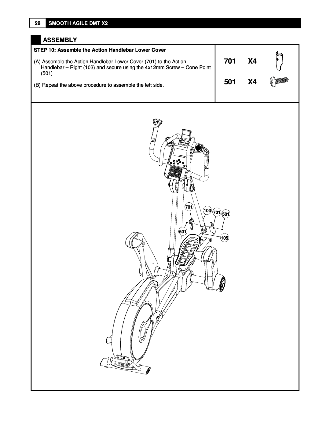 Smooth Fitness DMT X2 user manual 701 501, Assembly, Smooth Agile Dmt, Assemble the Action Handlebar Lower Cover 