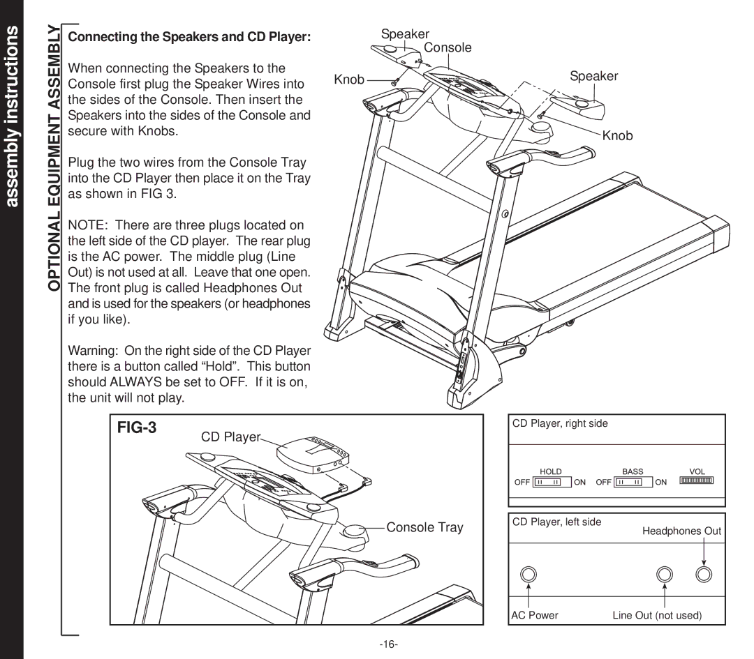 Smooth Fitness EVO 2CD owner manual Equipment Assembly, Optional, FIG-3, Connecting the Speakers and CD Player 