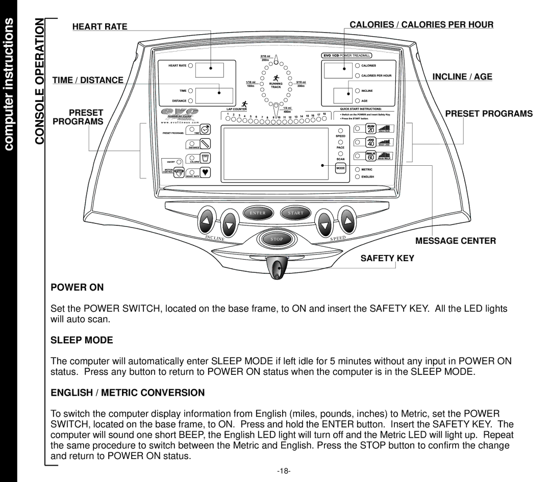 Smooth Fitness EVO 2CD Computer instructions, Console Operation, Power on, Sleep Mode, English / Metric Conversion 