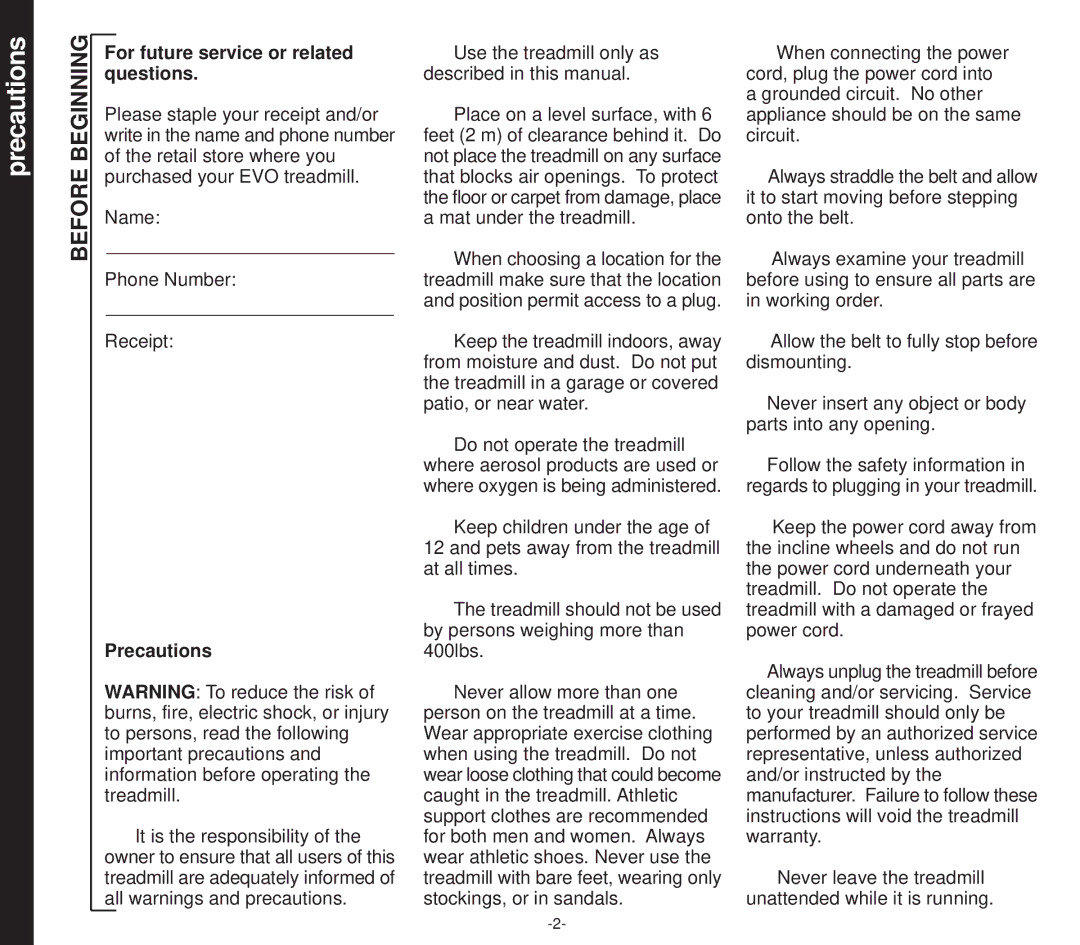 Smooth Fitness EVO 2CD owner manual Precautions, Before Beginning, For future service or related questions 