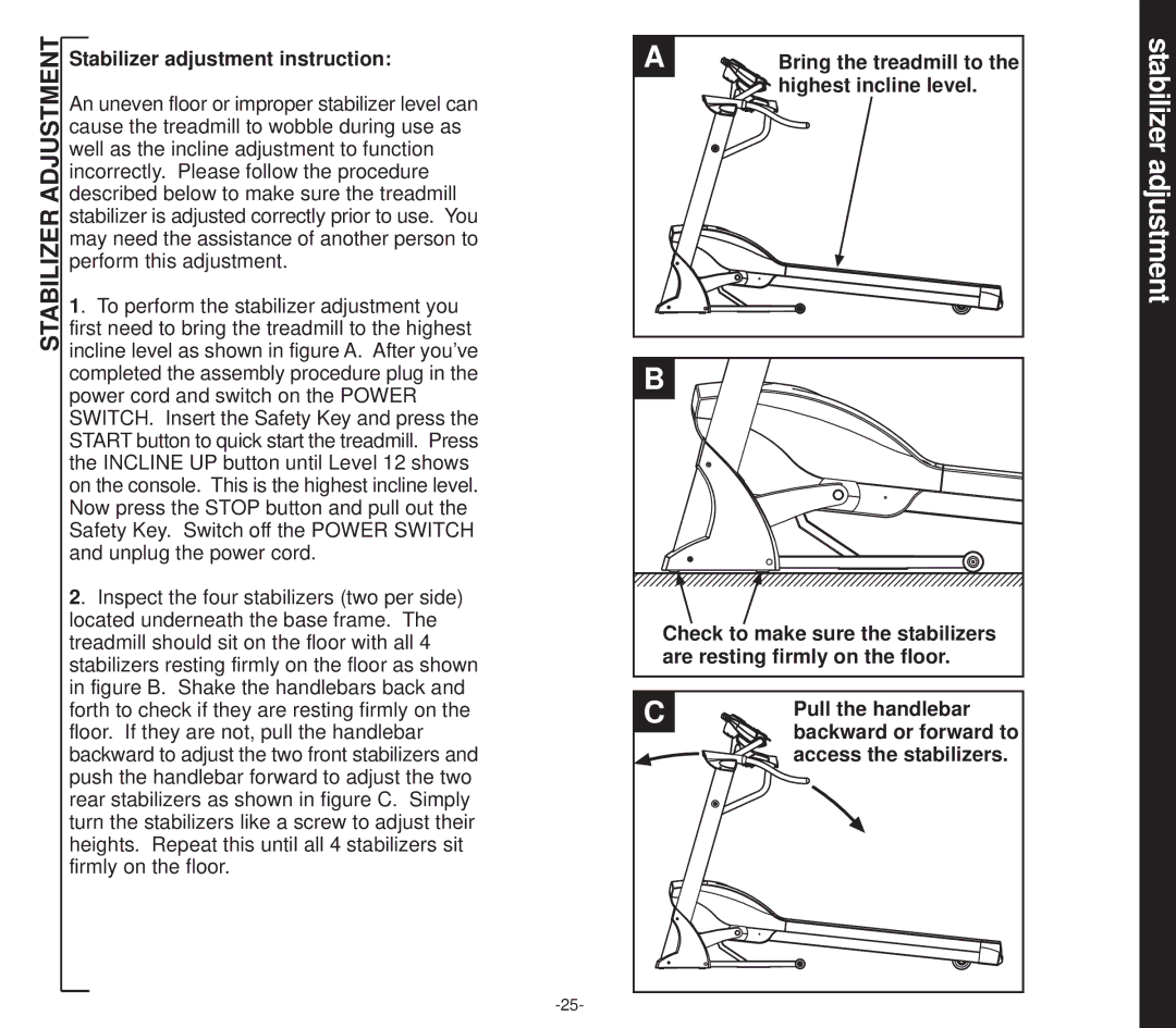 Smooth Fitness EVO 2CD owner manual Stabilizer Adjustment, Stabilizer adjustment instruction 