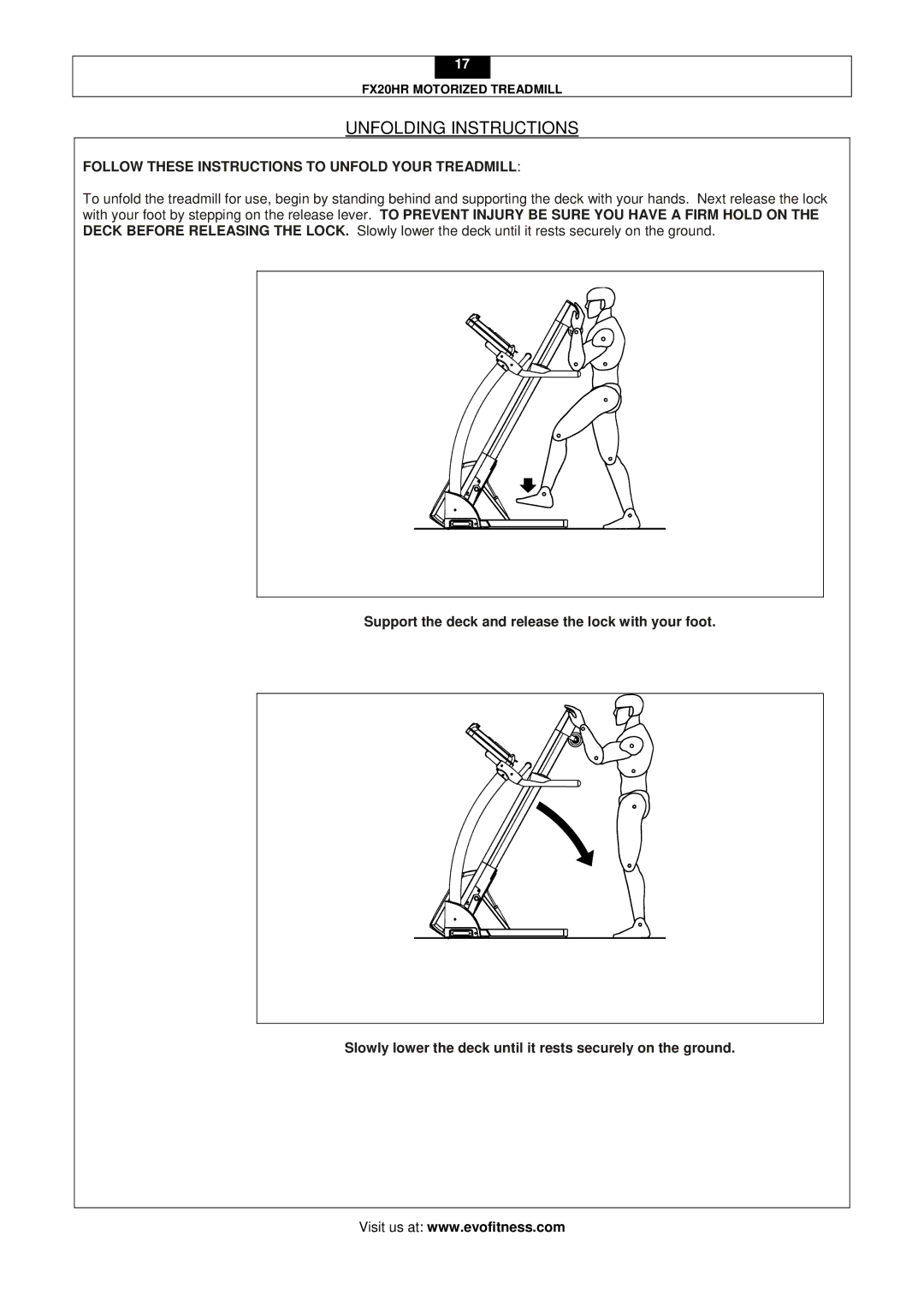 Smooth Fitness FX20HR user manual Unfolding Instructions, Follow These Instructions to Unfold Your Treadmill 