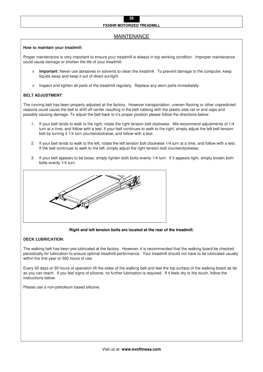 Smooth Fitness FX20HR user manual Maintenance, How to maintain your treadmill, Belt Adjustment, Deck Lubrication 