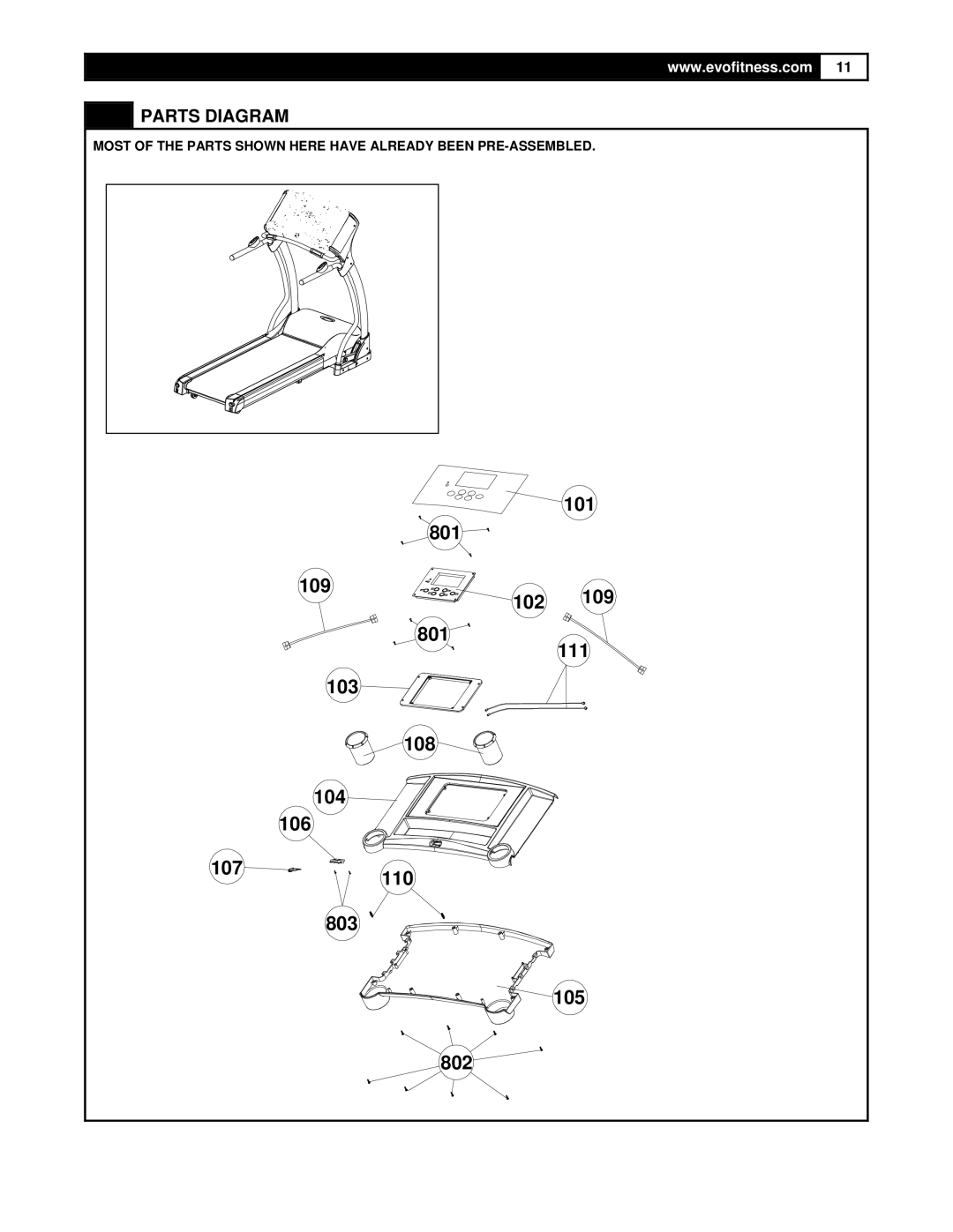 Smooth Fitness FX25 user manual 801 109 102 111 103 108 104 106 107 110 803 105 802, Parts Diagram 