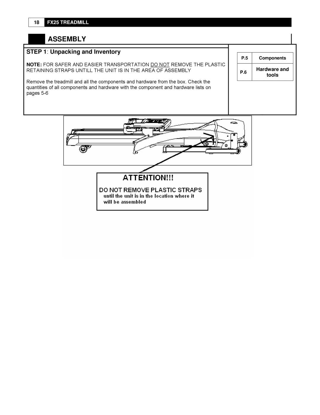 Smooth Fitness FX25 user manual Assembly, Unpacking and Inventory 